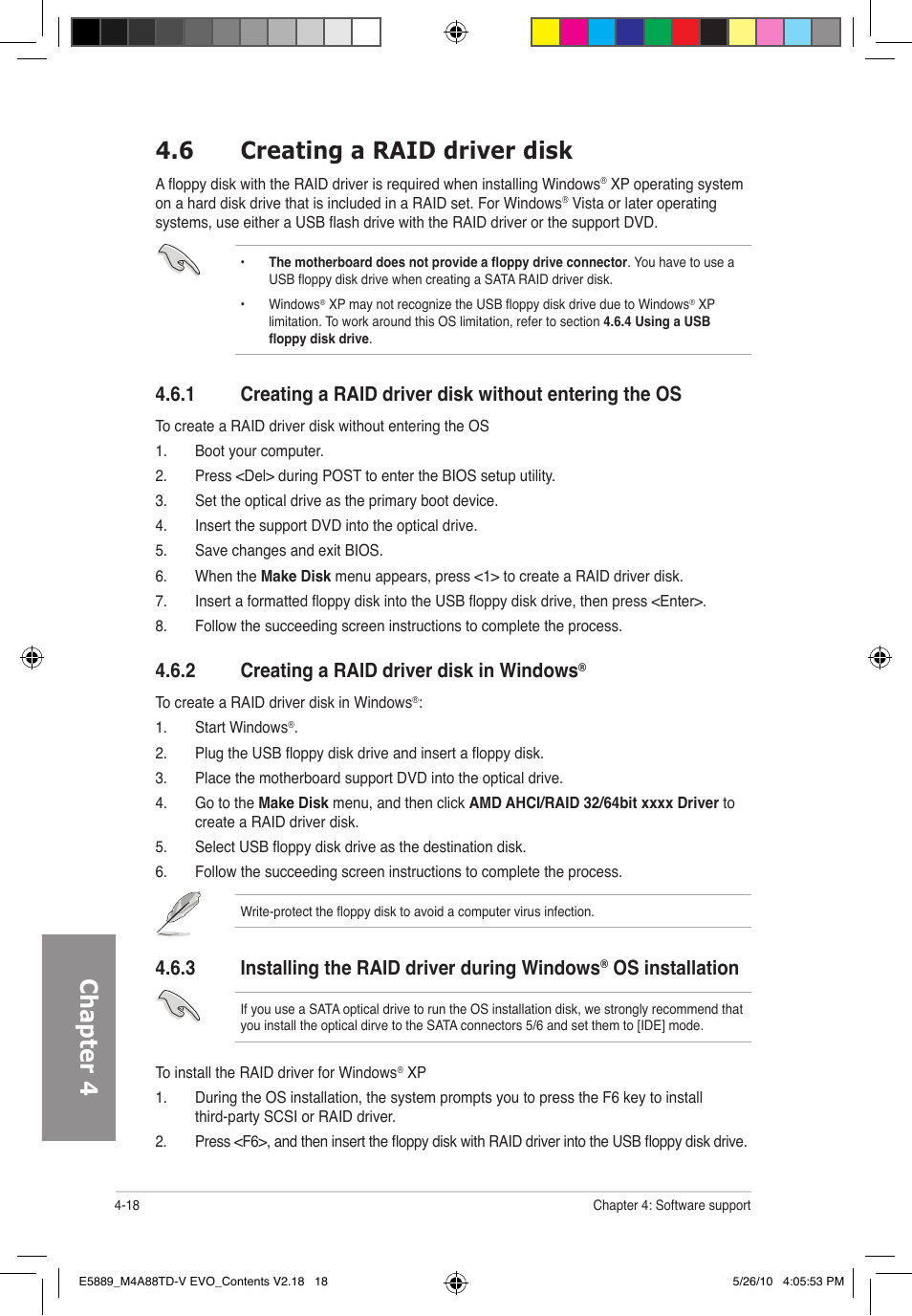 Chapter 4 4.6 creating a raid driver disk, 2 creating a raid driver disk in windows, 3 installing the raid driver during windows | Os installation | Asus M4A88TD-V EVO/USB3 User Manual | Page 118 / 128