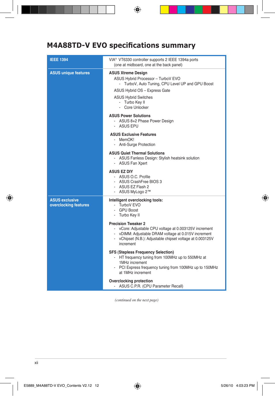 M4a88td-v evo specifications summary | Asus M4A88TD-V EVO/USB3 User Manual | Page 12 / 128