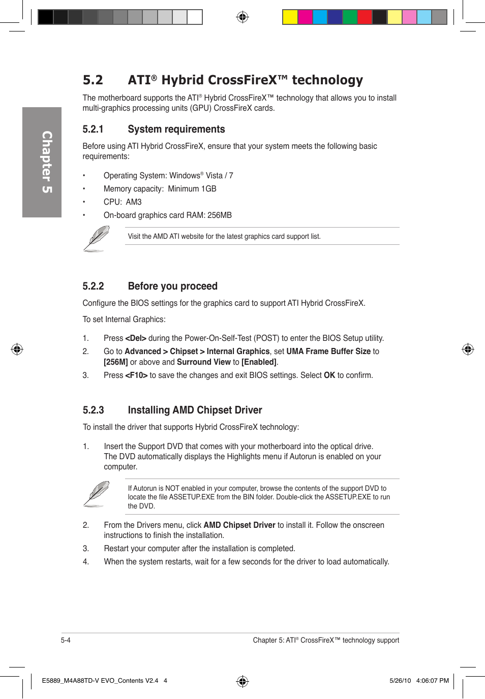 Chapter 5, 2 ati, Hybrid crossfirex™ technology | 3 installing amd chipset driver, 1 system requirements, 2 before you proceed | Asus M4A88TD-V EVO/USB3 User Manual | Page 124 / 128