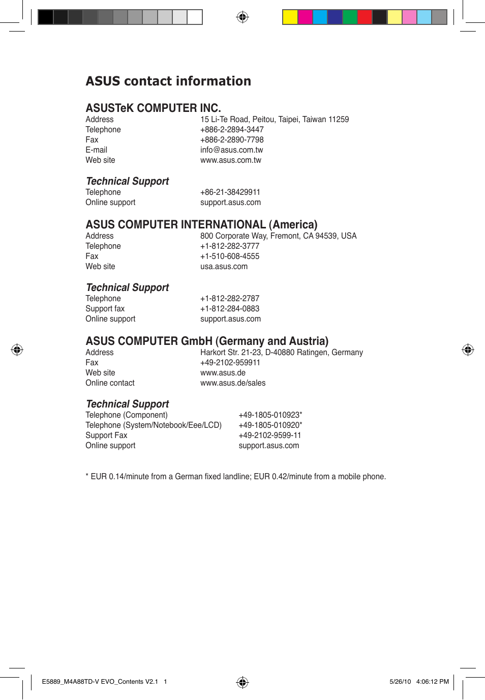 Asus contact information, Asustek computer inc, Asus computer international (america) | Asus computer gmbh (germany and austria), Technical support | Asus M4A88TD-V EVO/USB3 User Manual | Page 127 / 128