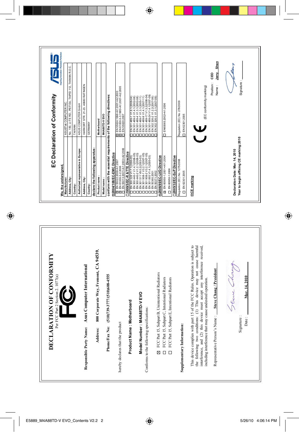 Declaration of conformity, Ec declaration of conformity, Asu s c om pu te r in te rn at io na l | Asus M4A88TD-V EVO/USB3 User Manual | Page 128 / 128