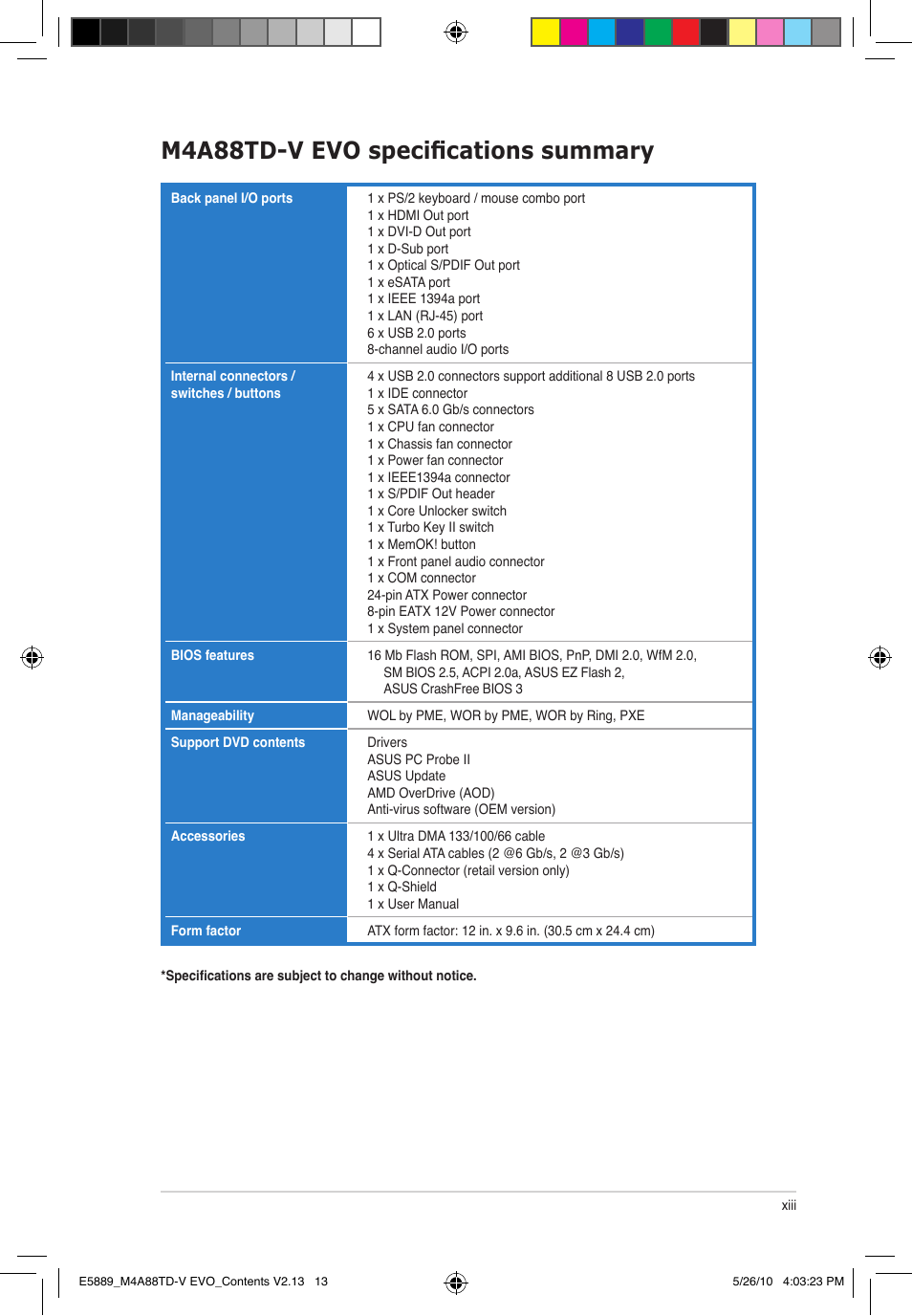 M4a88td-v evo specifications summary | Asus M4A88TD-V EVO/USB3 User Manual | Page 13 / 128