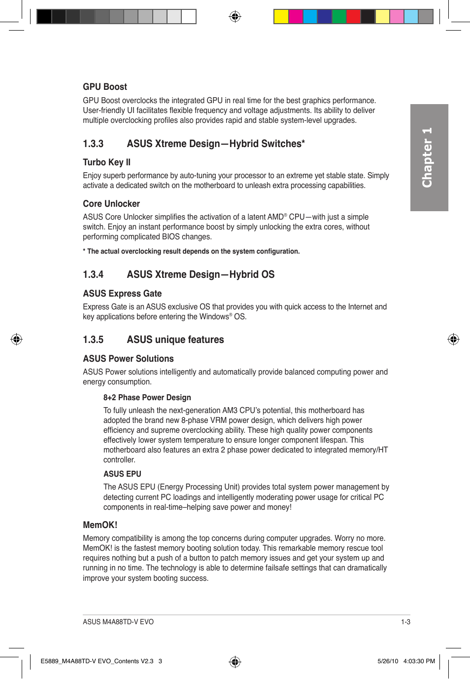 Chapter 1, 3 asus xtreme design—hybrid switches, 4 asus xtreme design—hybrid os | 5 asus unique features | Asus M4A88TD-V EVO/USB3 User Manual | Page 17 / 128