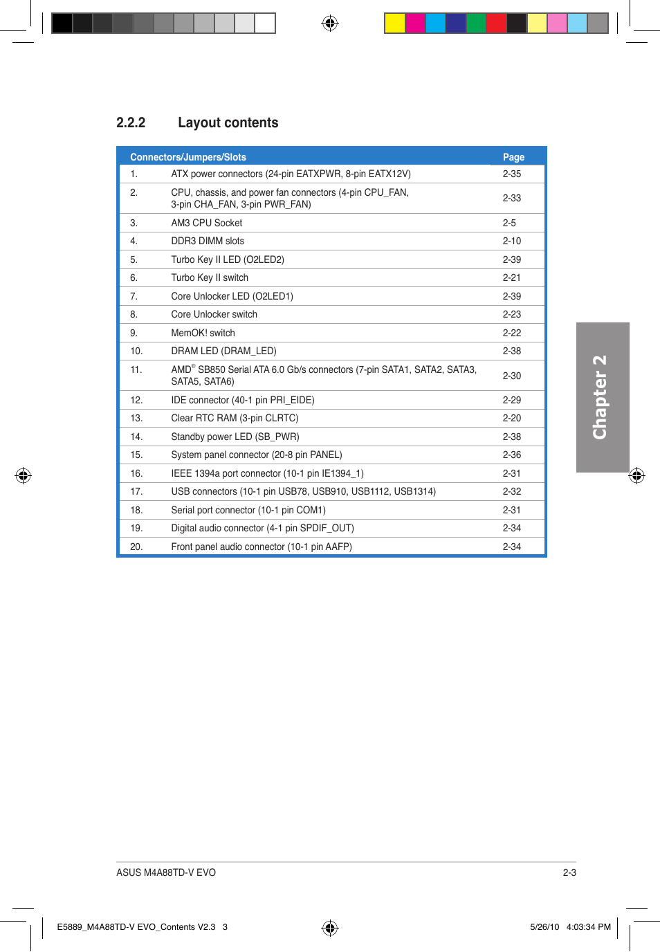 Chapter 2, 2 layout contents | Asus M4A88TD-V EVO/USB3 User Manual | Page 21 / 128