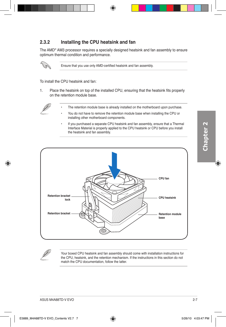 Chapter 2, 2 installing the cpu heatsink and fan | Asus M4A88TD-V EVO/USB3 User Manual | Page 25 / 128