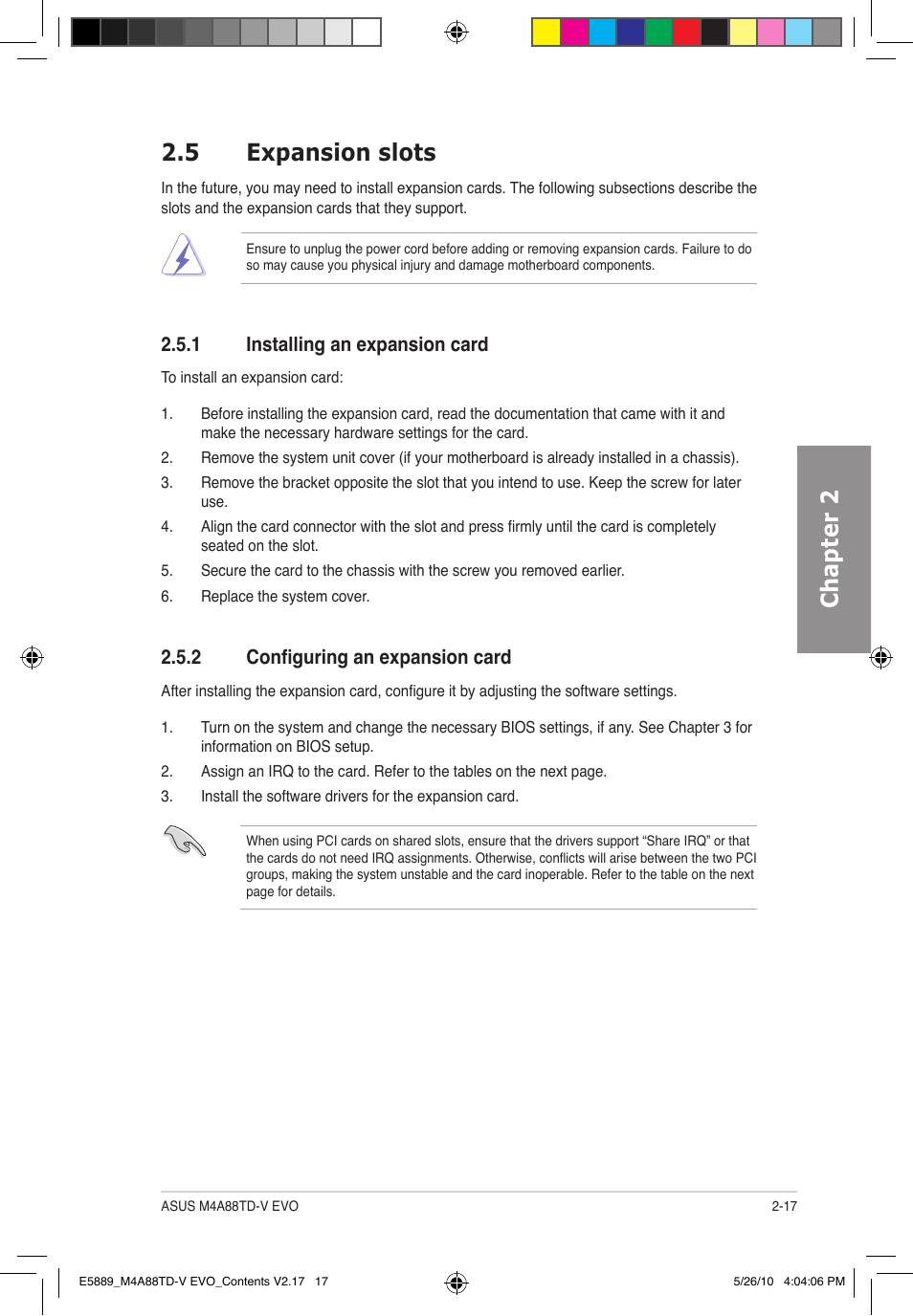 Chapter 2 2.5 expansion slots, 1 installing an expansion card, 2 configuring an expansion card | Asus M4A88TD-V EVO/USB3 User Manual | Page 35 / 128
