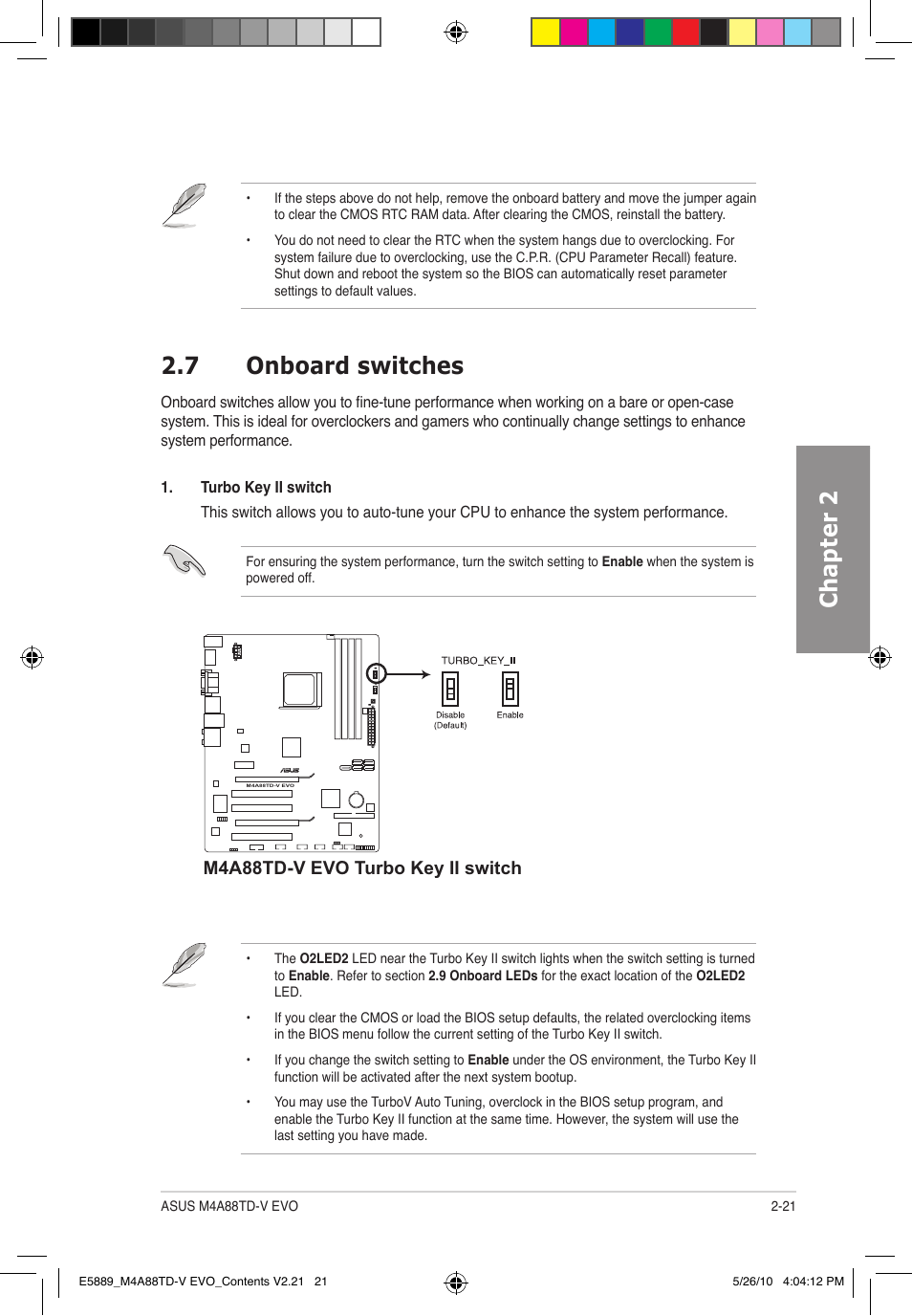 Chapter 2, 7 onboard switches, M4a88td-v evo turbo key ii switch | Asus M4A88TD-V EVO/USB3 User Manual | Page 39 / 128