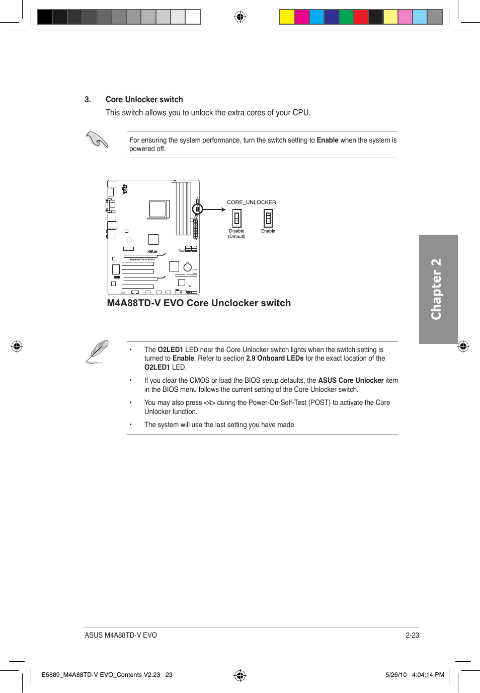 Chapter 2, M4a88td-v evo core unclocker switch | Asus M4A88TD-V EVO/USB3 User Manual | Page 41 / 128