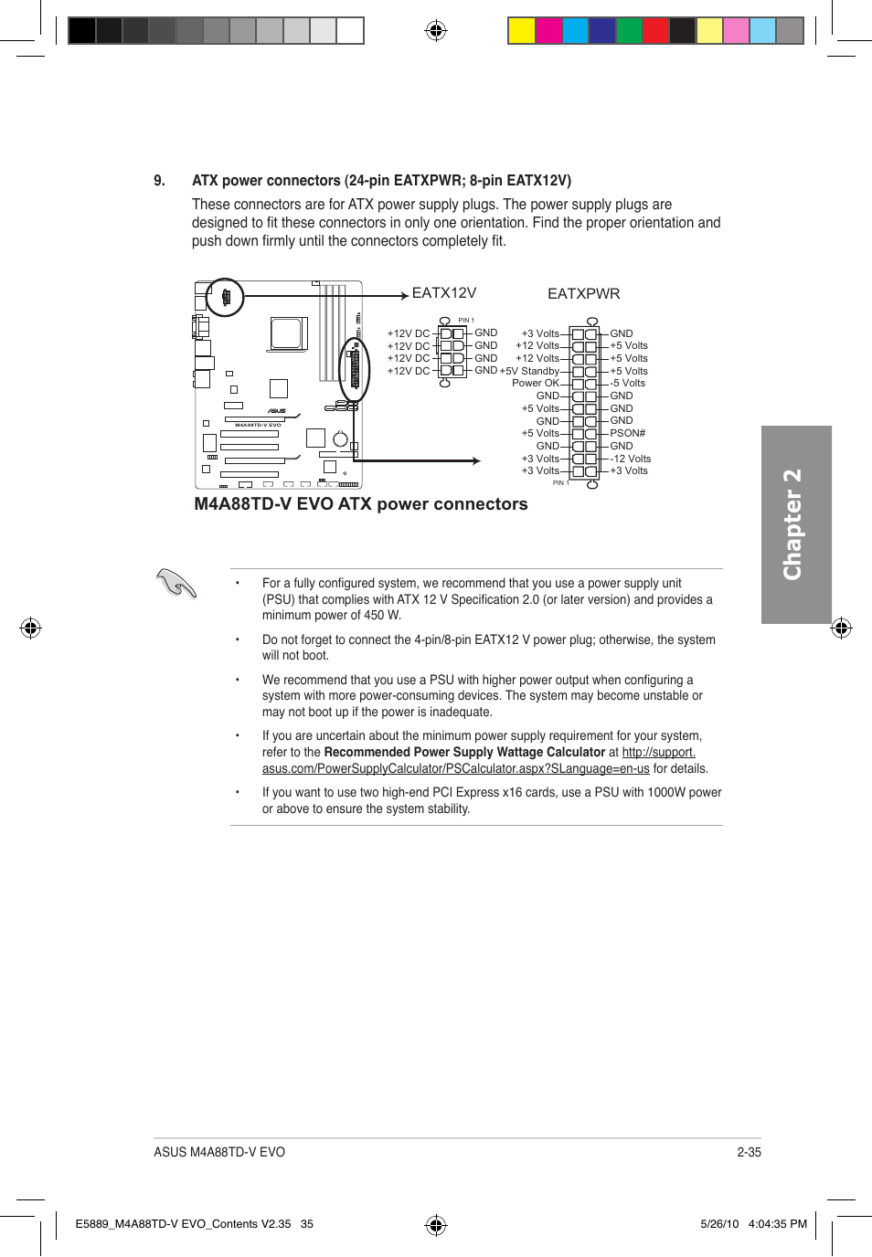 Chapter 2, M4a88td-v evo atx power connectors | Asus M4A88TD-V EVO/USB3 User Manual | Page 53 / 128