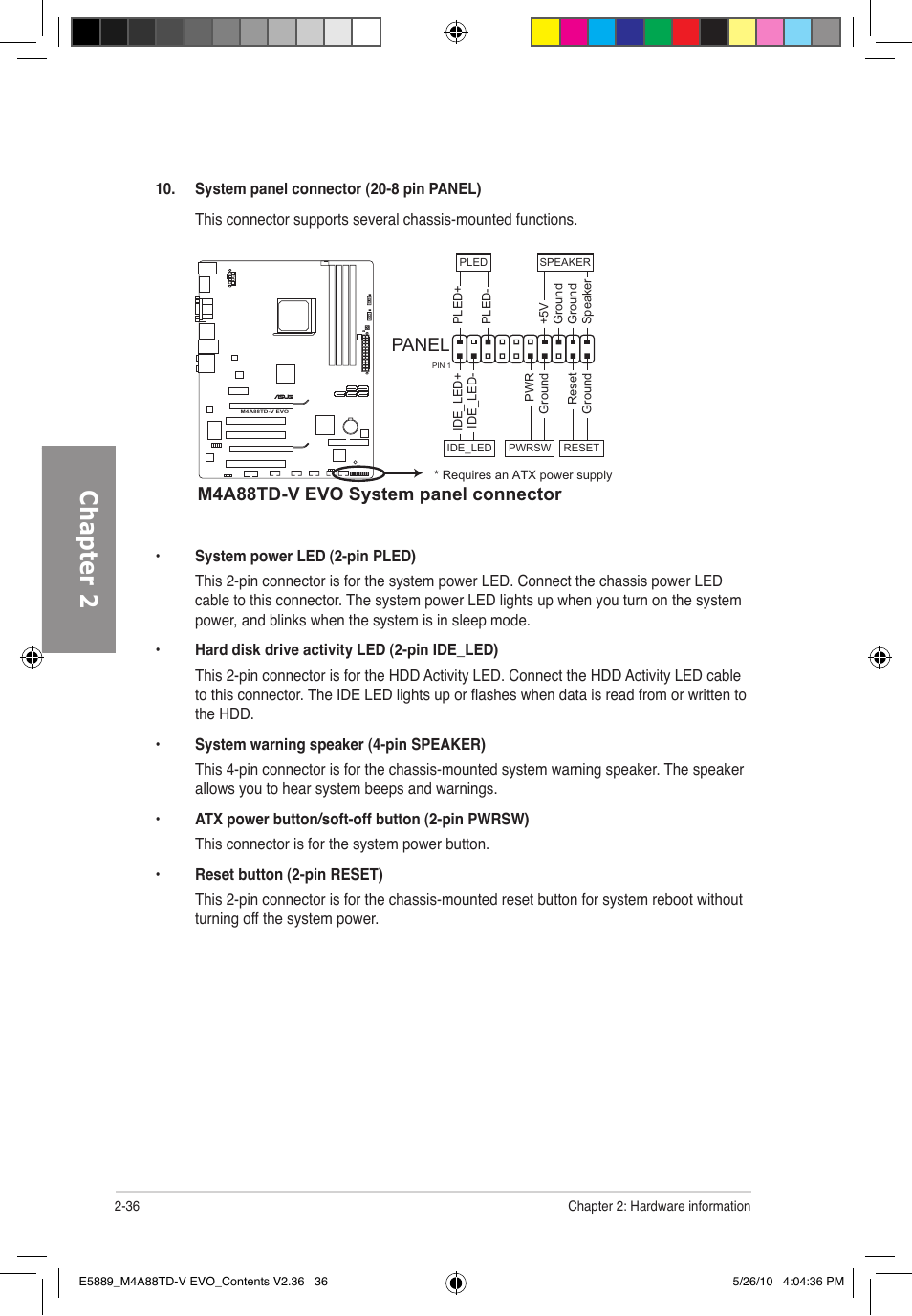 Chapter 2, Panel, M4a88td-v evo system panel connector | Asus M4A88TD-V EVO/USB3 User Manual | Page 54 / 128