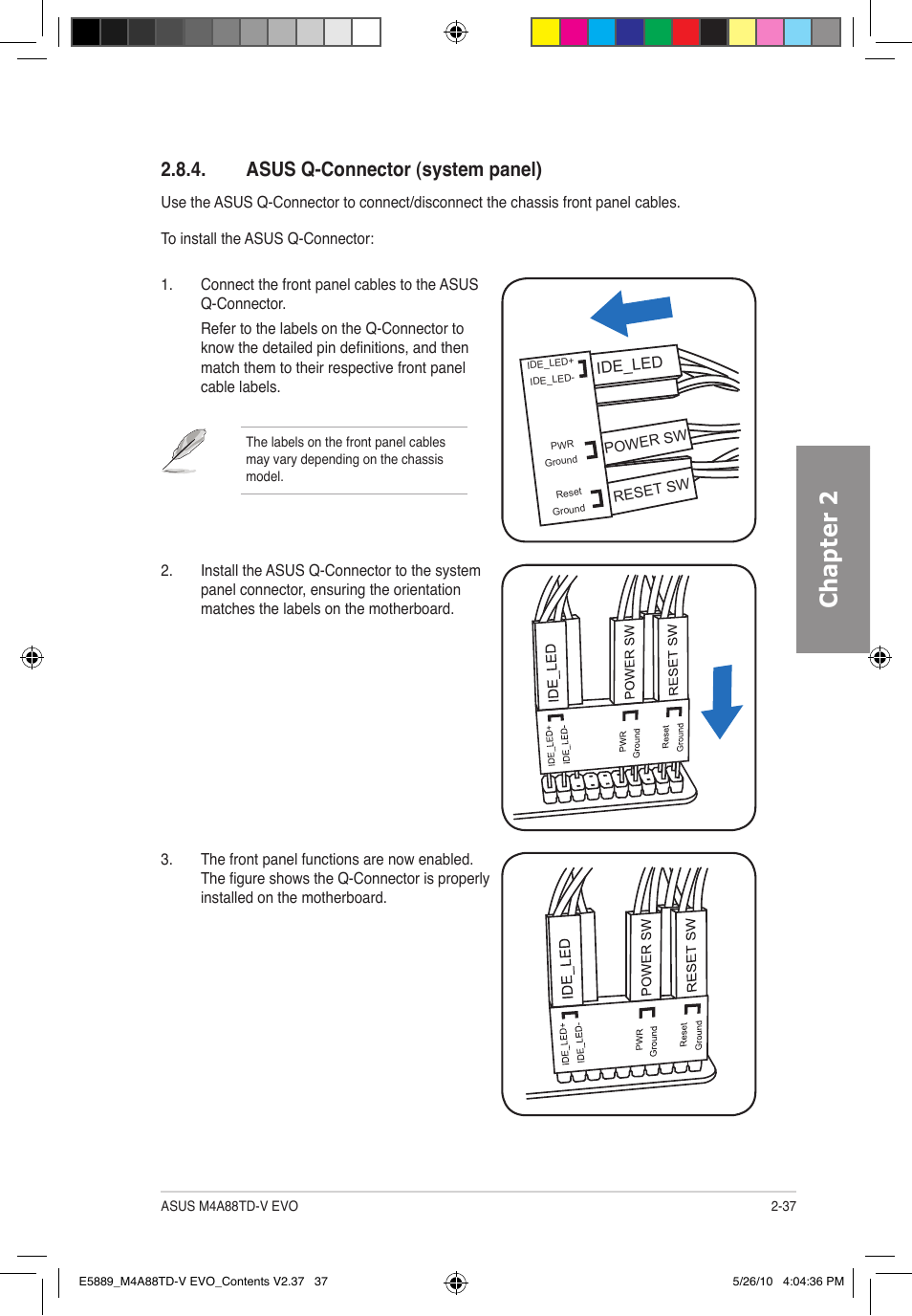 Chapter 2, Asus q-connector (system panel) | Asus M4A88TD-V EVO/USB3 User Manual | Page 55 / 128