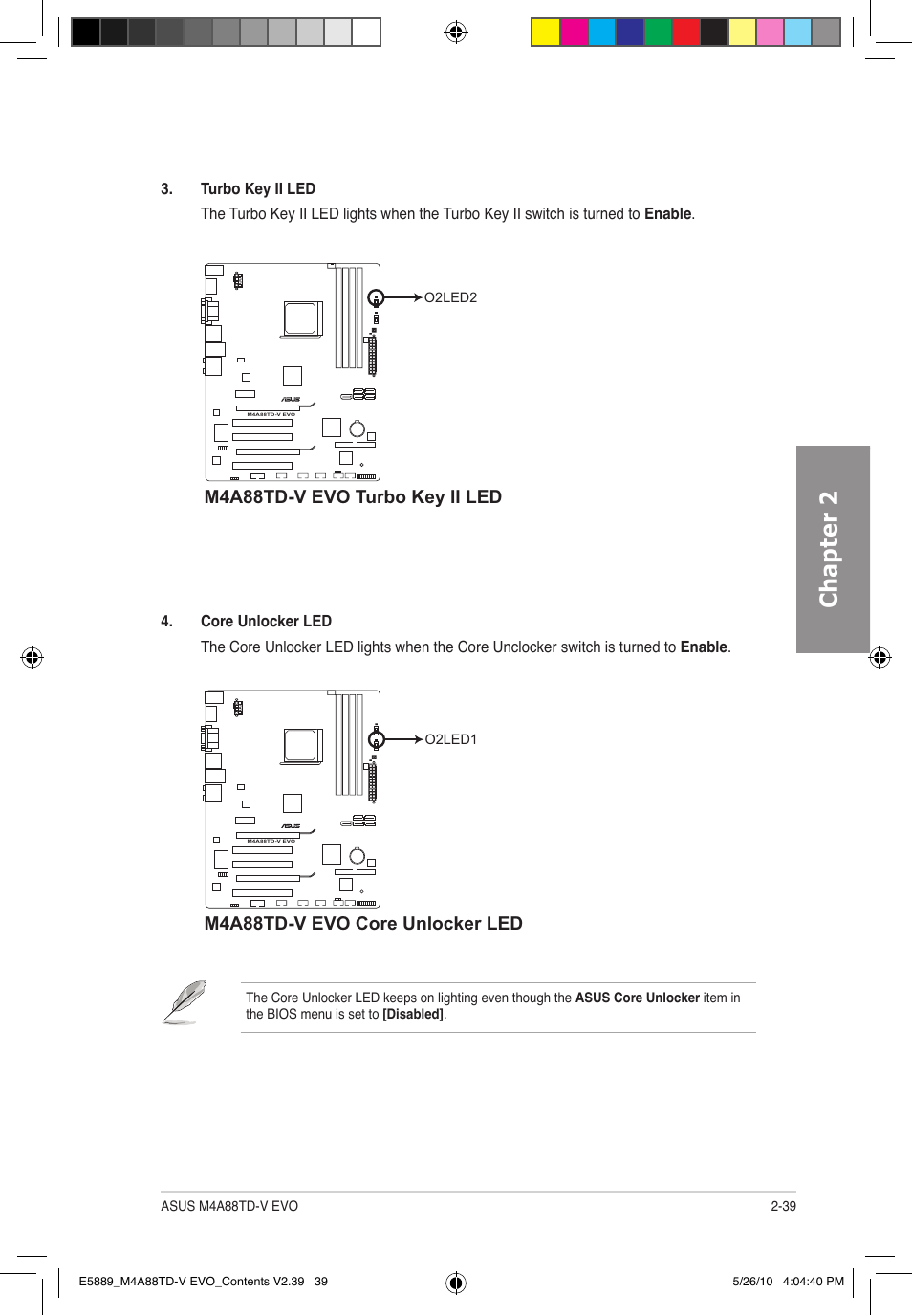 Chapter 2, M4a88td-v evo turbo key ii led, M4a88td-v evo core unlocker led | Asus M4A88TD-V EVO/USB3 User Manual | Page 57 / 128