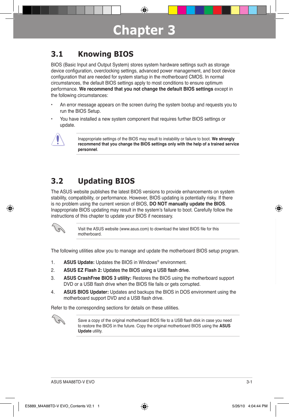 Chapter 3, Chapter 3 3.1 knowing bios, 2 updating bios | Asus M4A88TD-V EVO/USB3 User Manual | Page 59 / 128