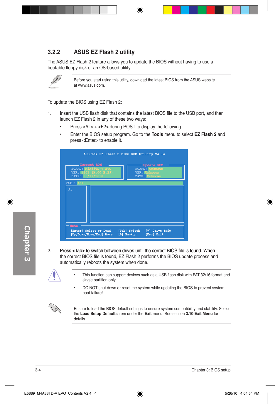 Chapter 3, 2 asus ez flash 2 utility | Asus M4A88TD-V EVO/USB3 User Manual | Page 62 / 128