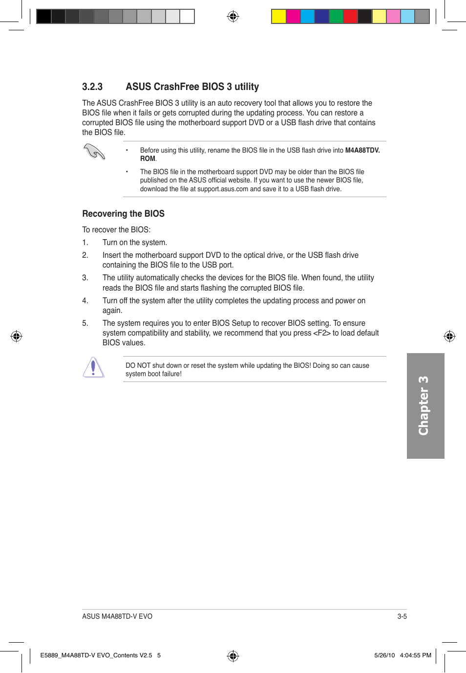 Chapter 3, 3 asus crashfree bios 3 utility | Asus M4A88TD-V EVO/USB3 User Manual | Page 63 / 128