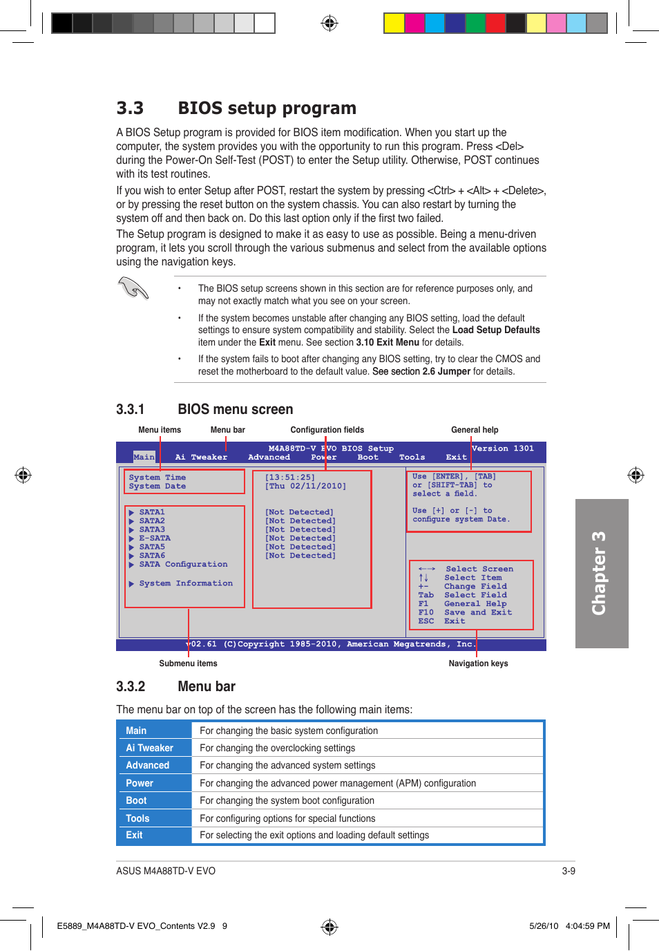 Chapter 3 3.3 bios setup program, 1 bios menu screen 3.3.2 menu bar | Asus M4A88TD-V EVO/USB3 User Manual | Page 67 / 128