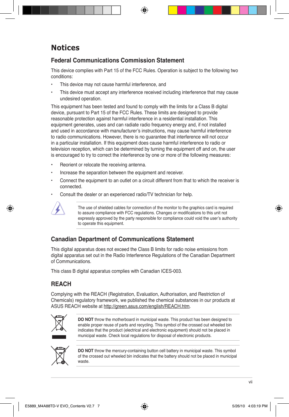 Notices, Federal communications commission statement, Canadian department of communications statement | Reach | Asus M4A88TD-V EVO/USB3 User Manual | Page 7 / 128