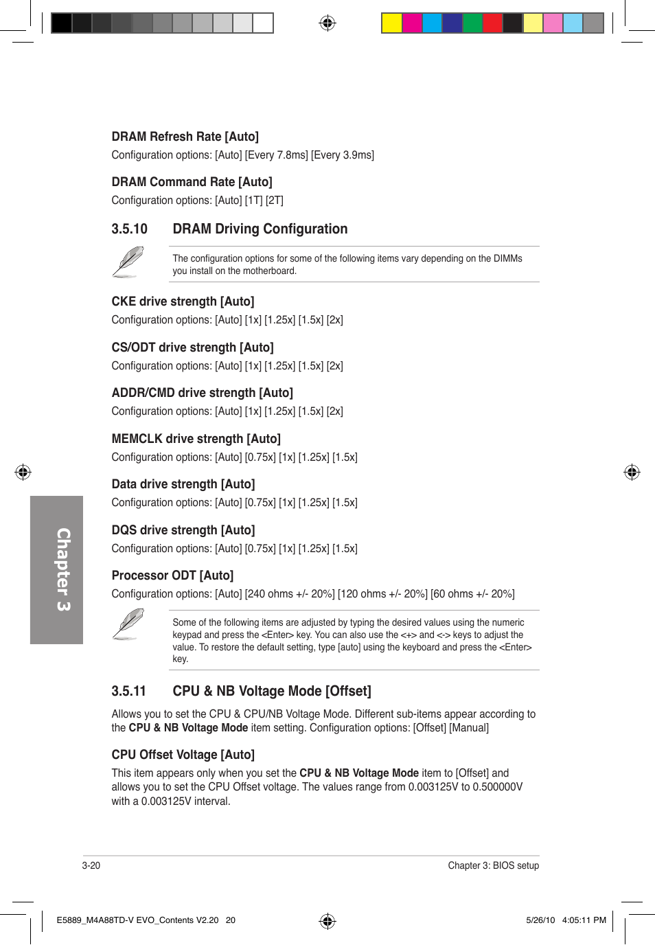 Chapter 3, 10 dram driving configuration, 11 cpu & nb voltage mode [offset | Asus M4A88TD-V EVO/USB3 User Manual | Page 78 / 128