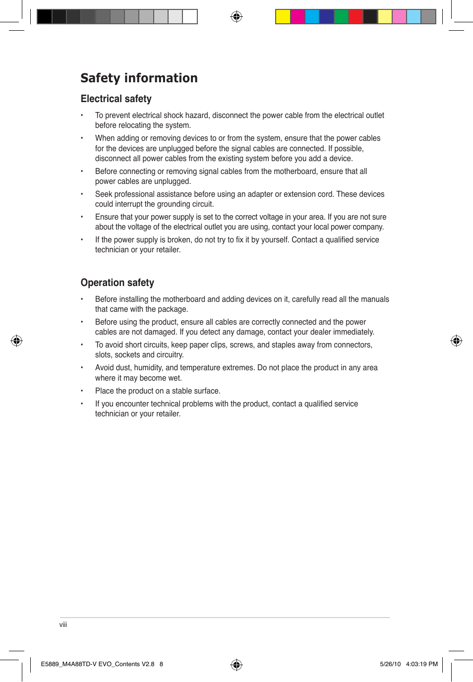 Safety information, Electrical safety, Operation safety | Asus M4A88TD-V EVO/USB3 User Manual | Page 8 / 128