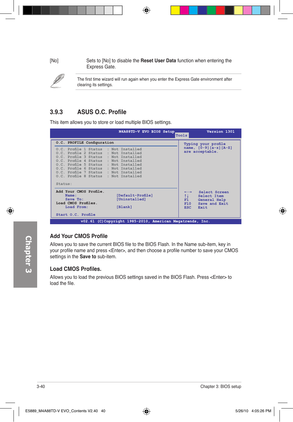 Chapter 3, 3 asus o.c. profile | Asus M4A88TD-V EVO/USB3 User Manual | Page 98 / 128