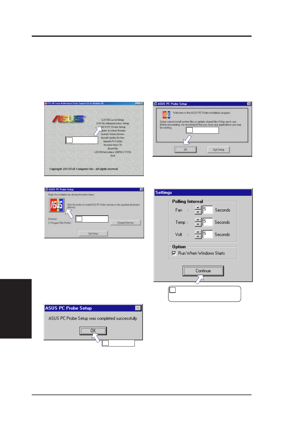 V. software setup, Asus pc probe setup | Asus P5S-VM User Manual | Page 66 / 96