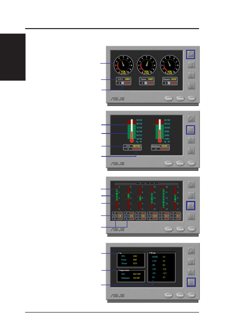 Vi. software reference, Using the asus pc probe, Fan rotation status pc temperature status | Pc voltage status, Pc status summary | Asus P5S-VM User Manual | Page 80 / 96