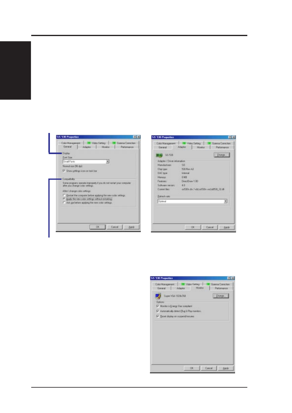 Vi. software reference, Sis 530 display properties, General | Adapter, Monitor | Asus P5S-VM User Manual | Page 82 / 96