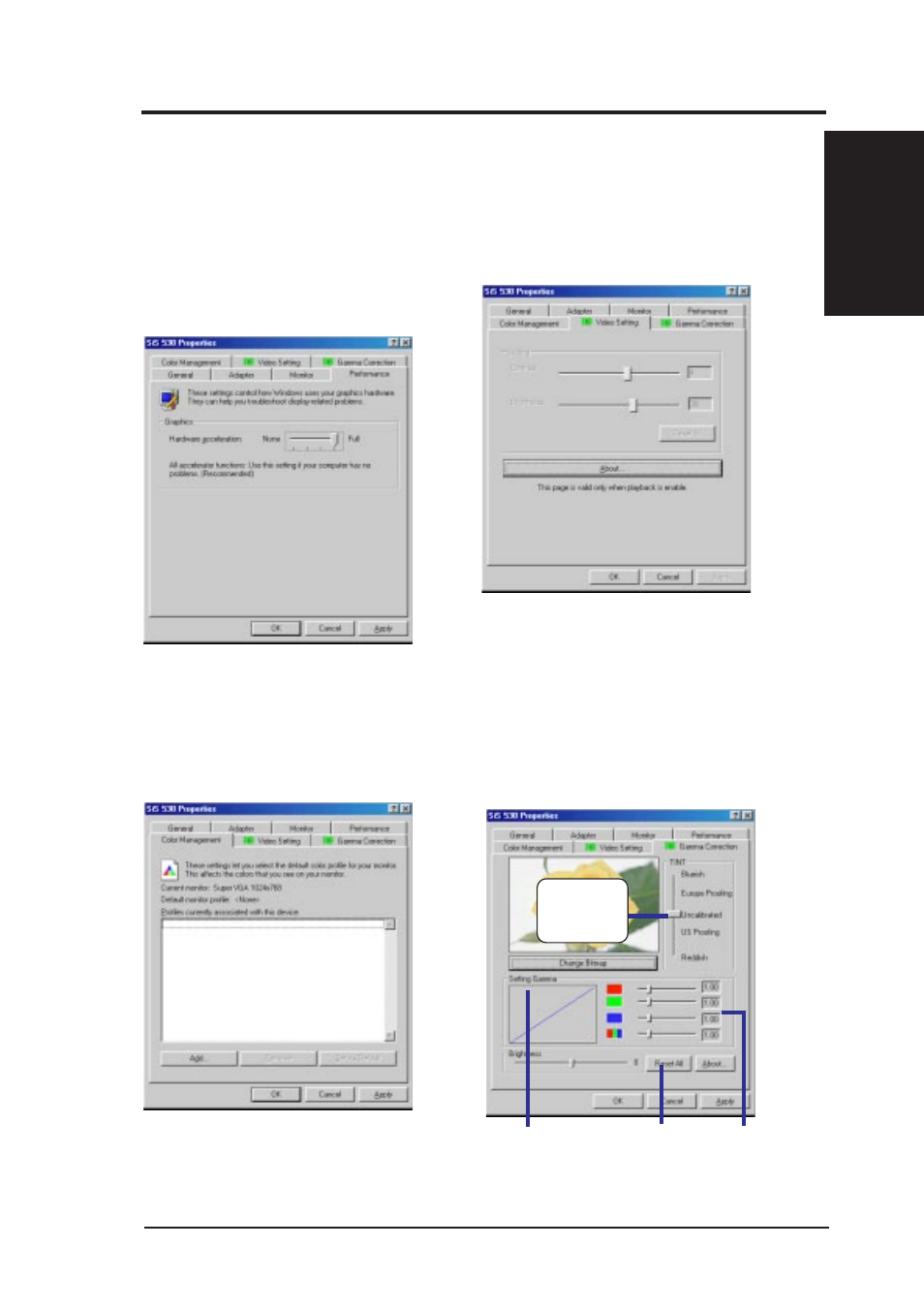 Vi. software reference, Performance, Color management | Video setting, Gamma correction | Asus P5S-VM User Manual | Page 83 / 96