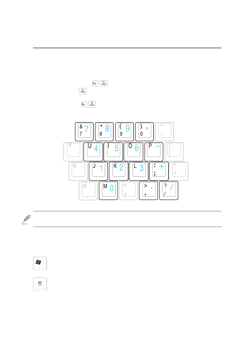 Keyboard as a numeric keypad, Microsoft windows™ keys | Asus L5C User Manual | Page 33 / 68