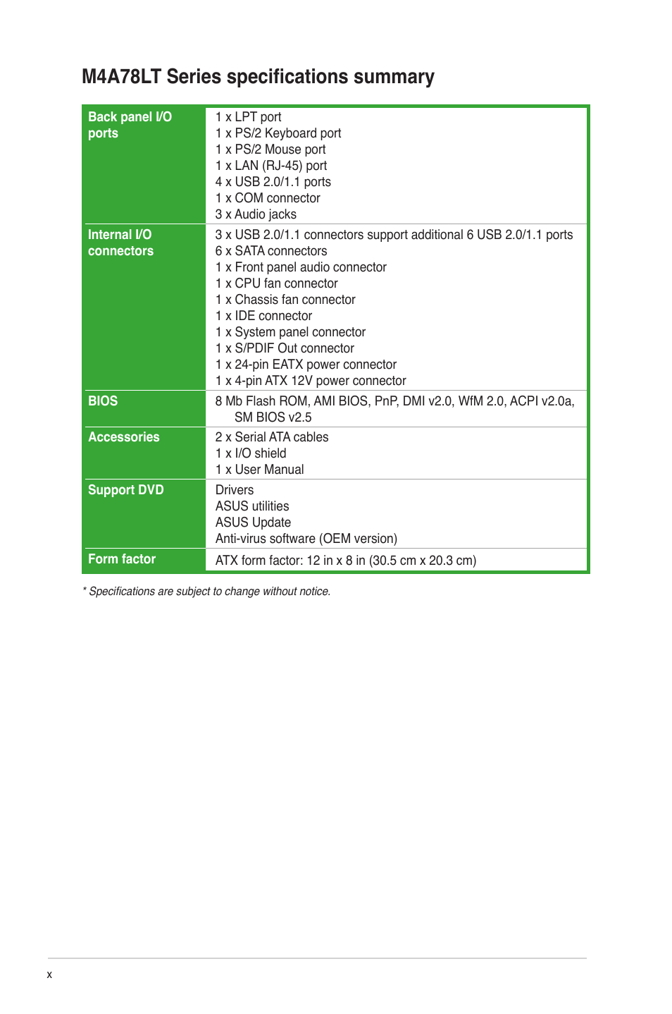 M4a78lt series specifications summary | Asus M4A78LT User Manual | Page 10 / 66