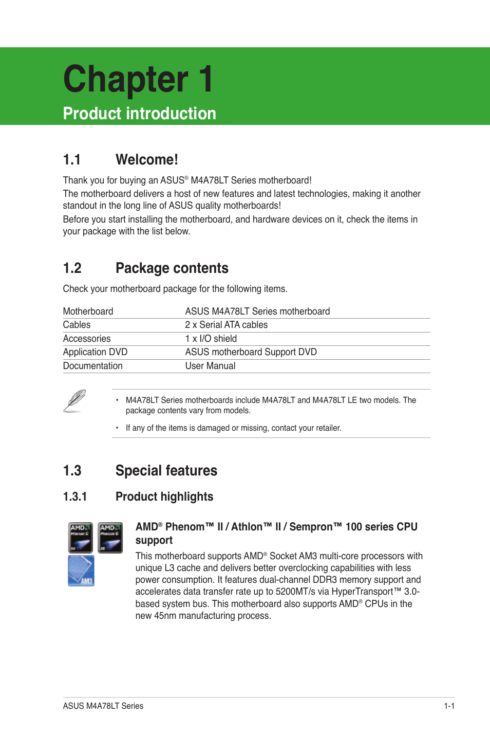 Chapter 1, Product introduction, 1 welcome | 2 package contents, 3 special features, 1 product highlights, Welcome! -1, Package contents -1, Special features -1 1.3.1, Product highlights -1 | Asus M4A78LT User Manual | Page 11 / 66