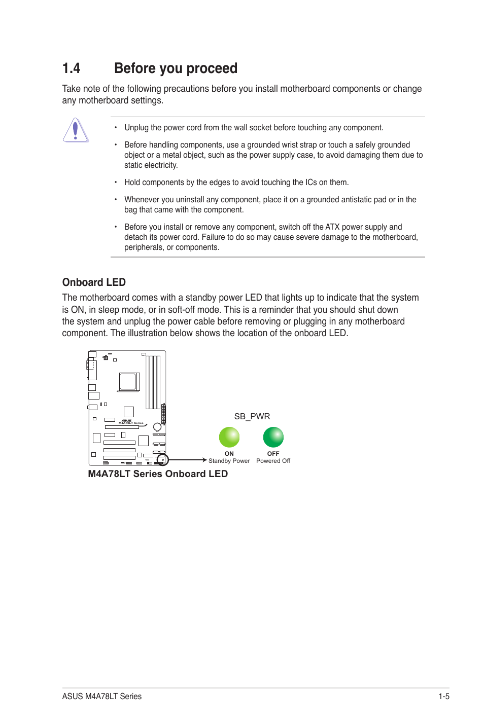 4 before you proceed, Before you proceed -5, Onboard led | Asus M4A78LT User Manual | Page 15 / 66