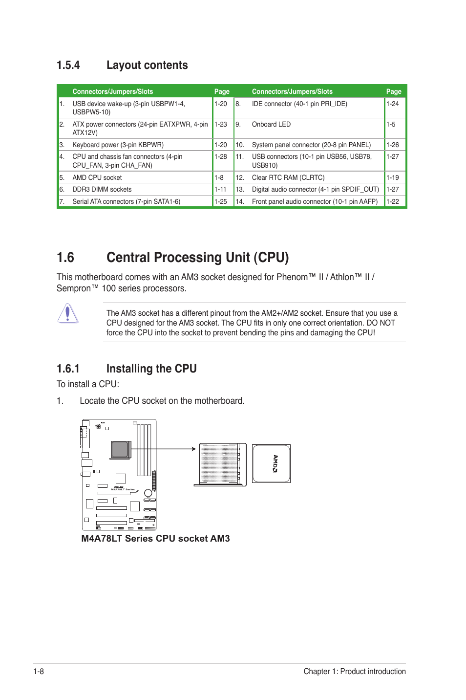 4 layout contents, 6 central processing unit (cpu), 1 installing the cpu | Layout contents -8, Central processing unit (cpu) -8 1.6.1, Installing the cpu -8 | Asus M4A78LT User Manual | Page 18 / 66
