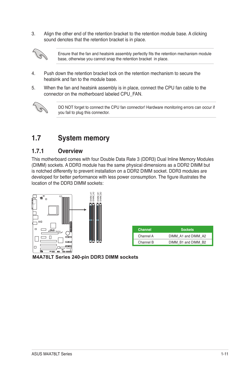 7 system memory, 1 overview, System memory -11 1.7.1 | Overview -11 | Asus M4A78LT User Manual | Page 21 / 66