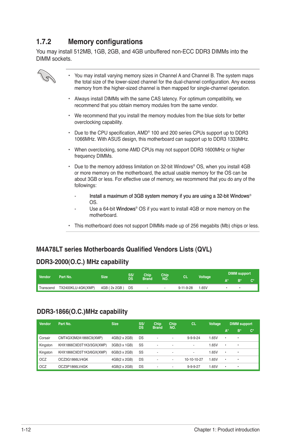 2 memory configurations, Memory configurations -12 | Asus M4A78LT User Manual | Page 22 / 66