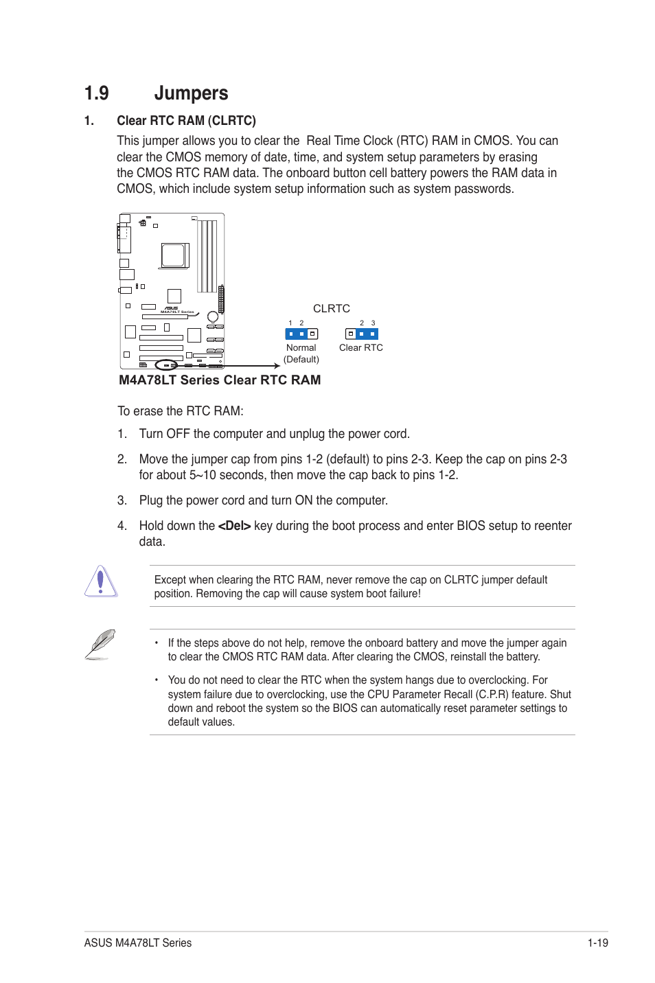 9 jumpers, Jumpers -19 | Asus M4A78LT User Manual | Page 29 / 66