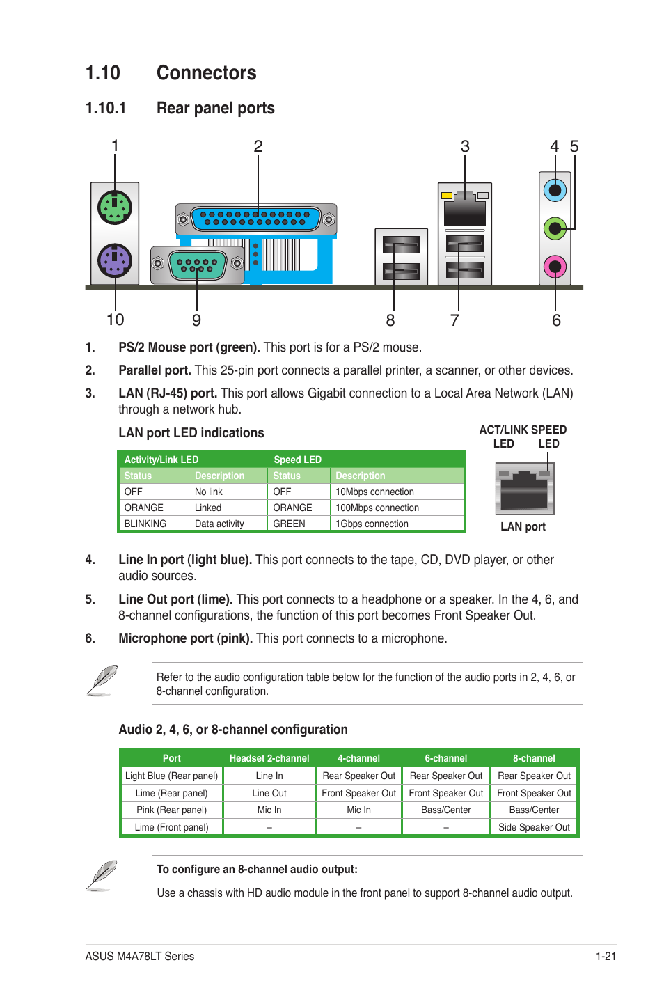 10 connectors, 1 rear panel ports, 10 connectors -21 | 1 rear panel ports -21 | Asus M4A78LT User Manual | Page 31 / 66