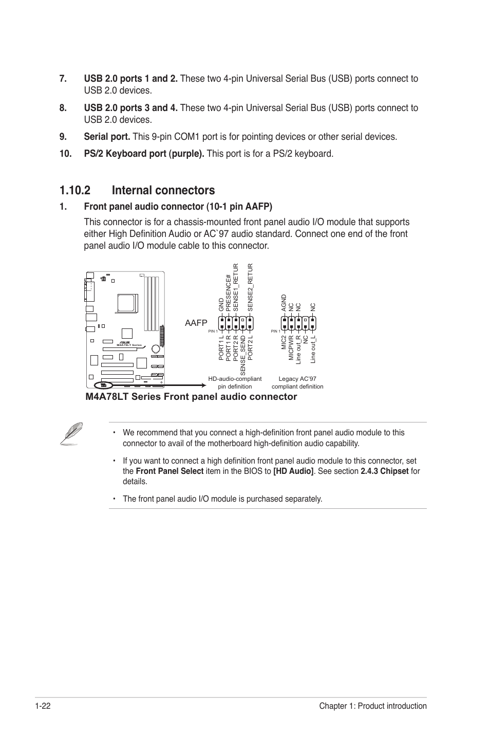 2 internal connectors, 2 internal connectors -22, M4a78lt series front panel audio connector | Asus M4A78LT User Manual | Page 32 / 66