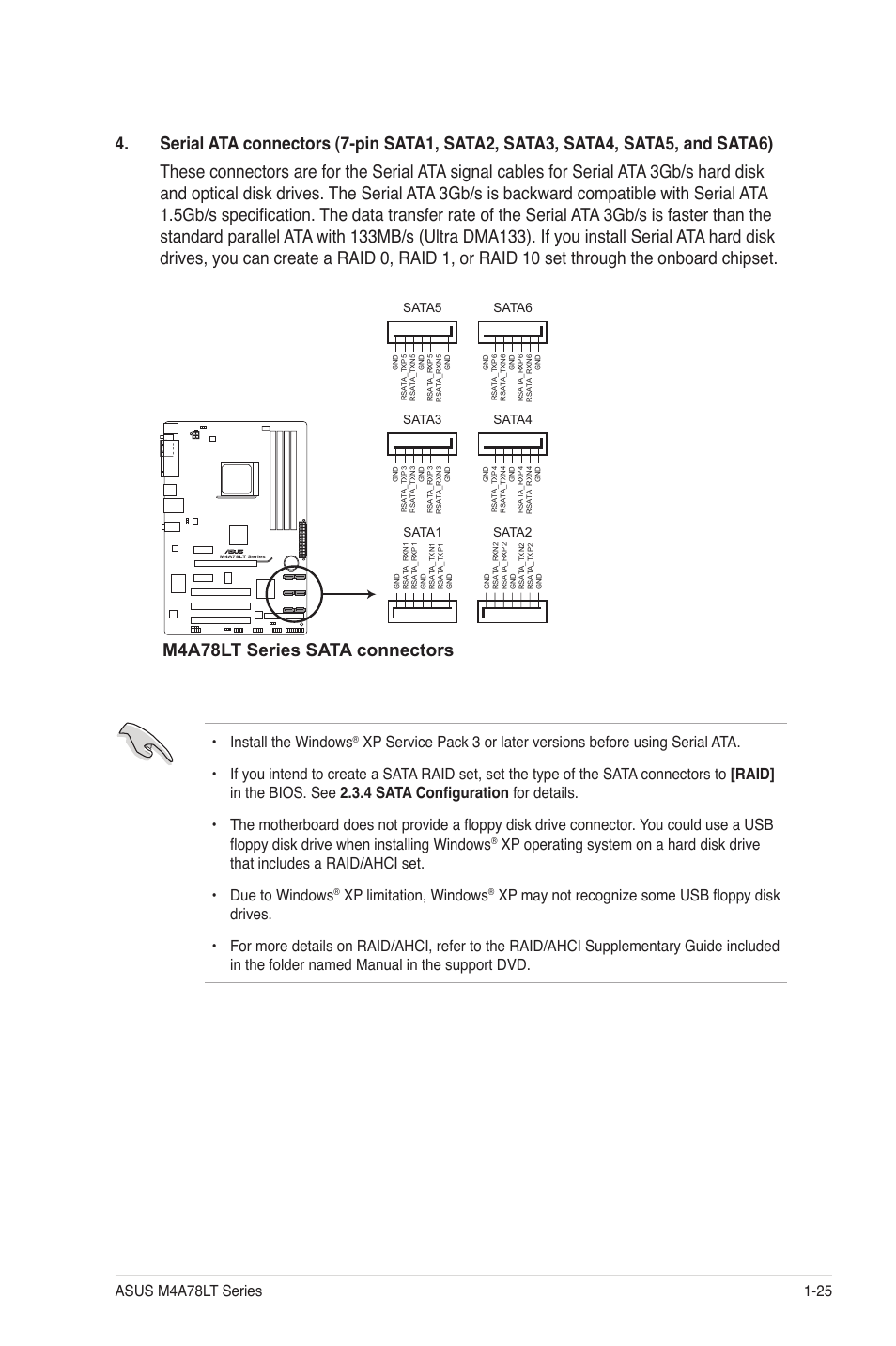 M4a78lt series sata connectors, Install the windows, Xp limitation, windows | Asus M4A78LT User Manual | Page 35 / 66