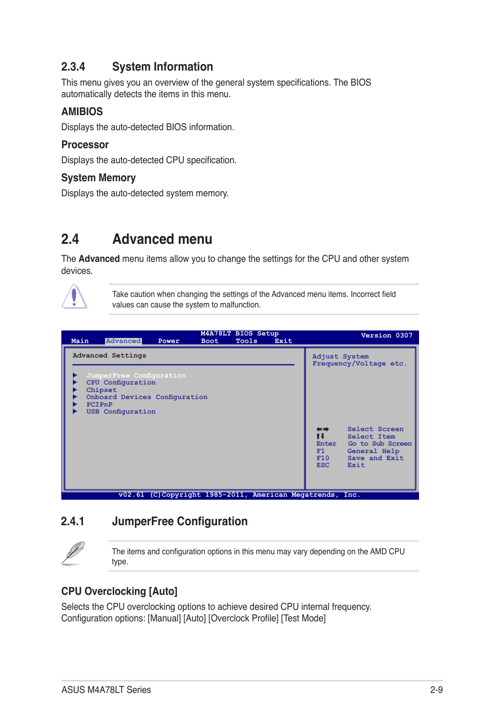 4 system information, 4 advanced menu, 1 jumperfree configuration | System information -9, Advanced menu -9 2.4.1, Jumperfree configuration -9, Amibios, Processor, Cpu overclocking [auto | Asus M4A78LT User Manual | Page 49 / 66