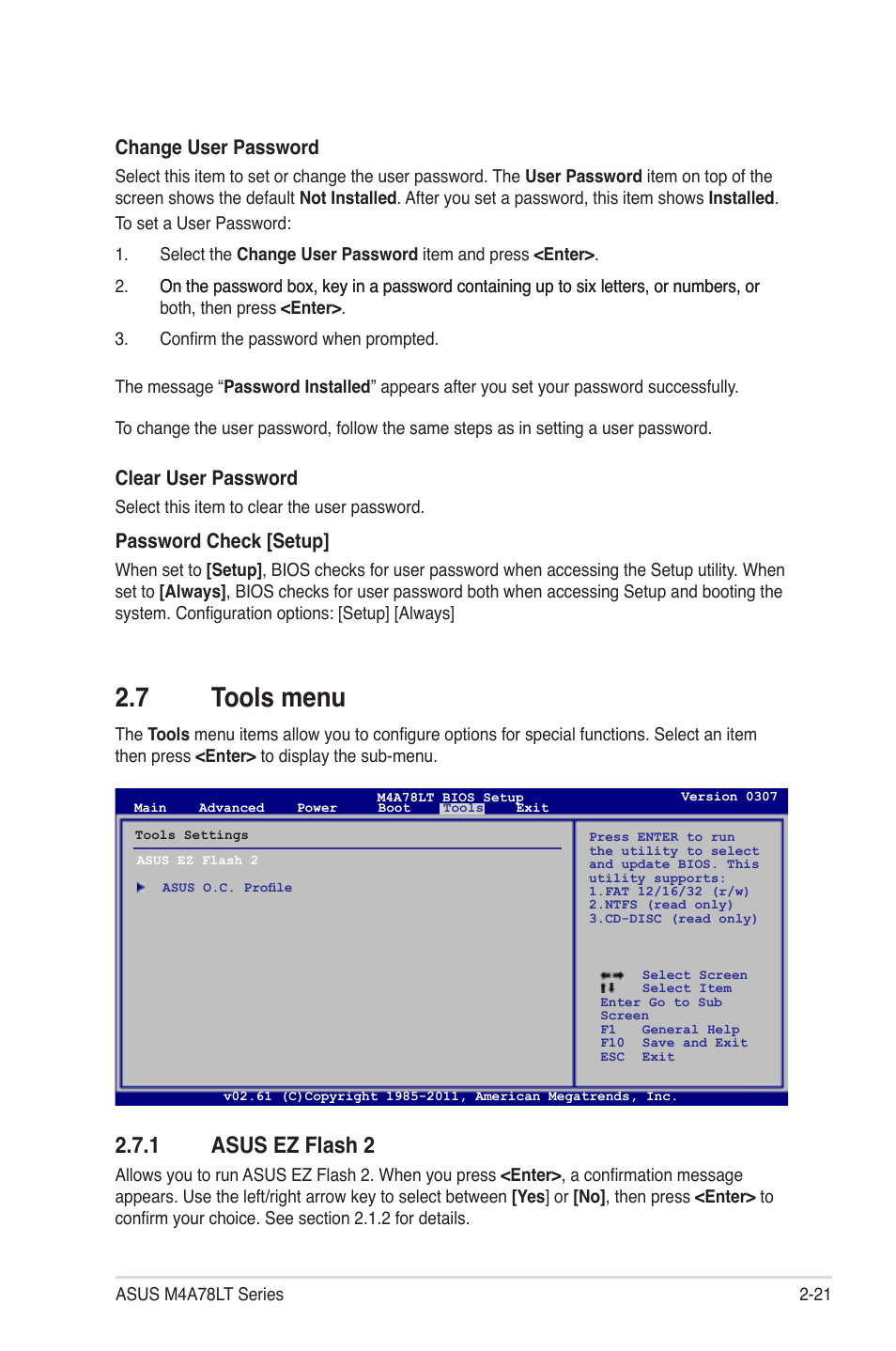 7 tools menu, 1 asus ez flash 2, Tools menu -21 2.7.1 | Asus ez flash 2 -21, Change user password, Clear user password, Password check [setup | Asus M4A78LT User Manual | Page 61 / 66
