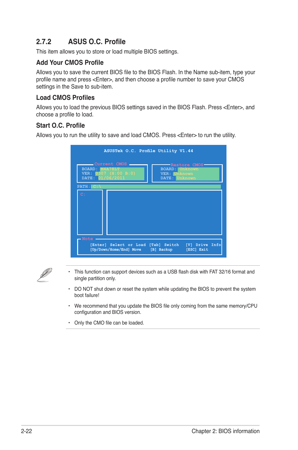 2 asus o.c. profile, Asus o.c. profile -22, Add your cmos profile | Load cmos profiles, Start o.c. profile | Asus M4A78LT User Manual | Page 62 / 66