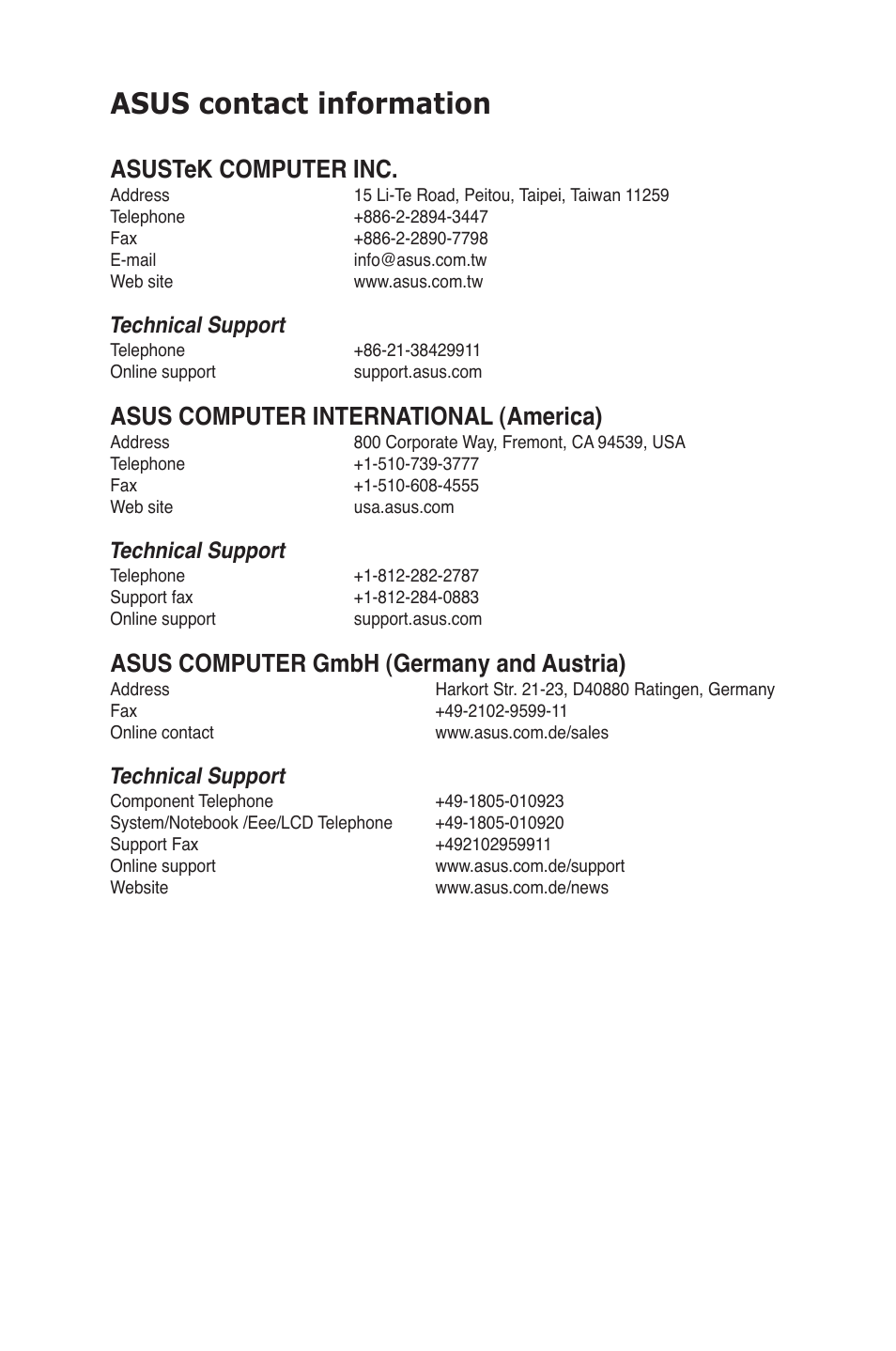 Asus contact information, Asustek computer inc, Asus computer international (america) | Asus computer gmbh (germany and austria), Technical support | Asus M4A78LT User Manual | Page 65 / 66