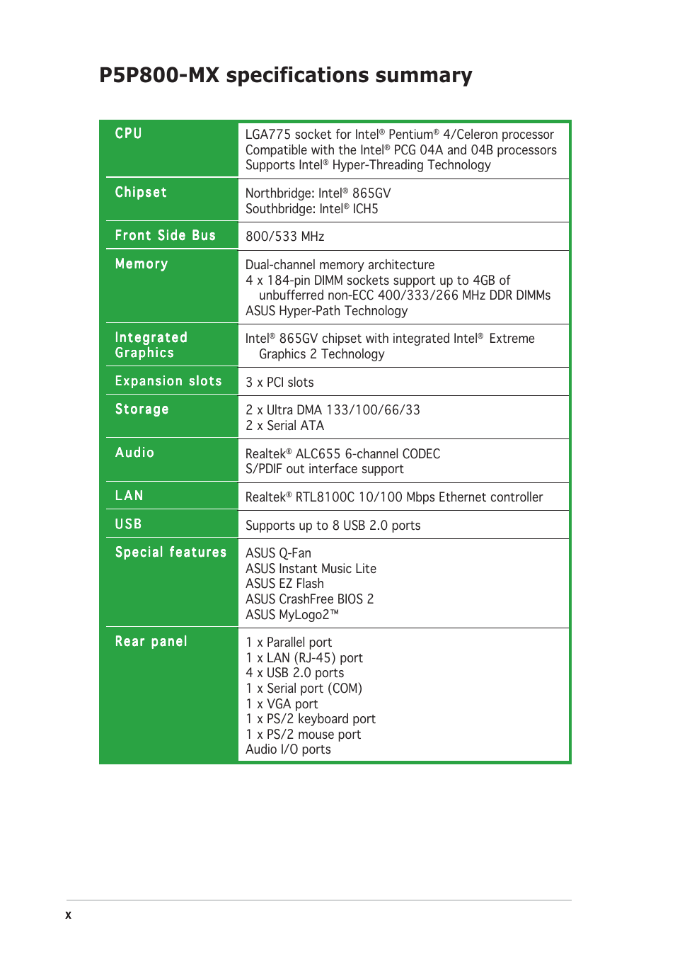 P5p800-mx specifications summary | Asus P5P800-MX User Manual | Page 10 / 84