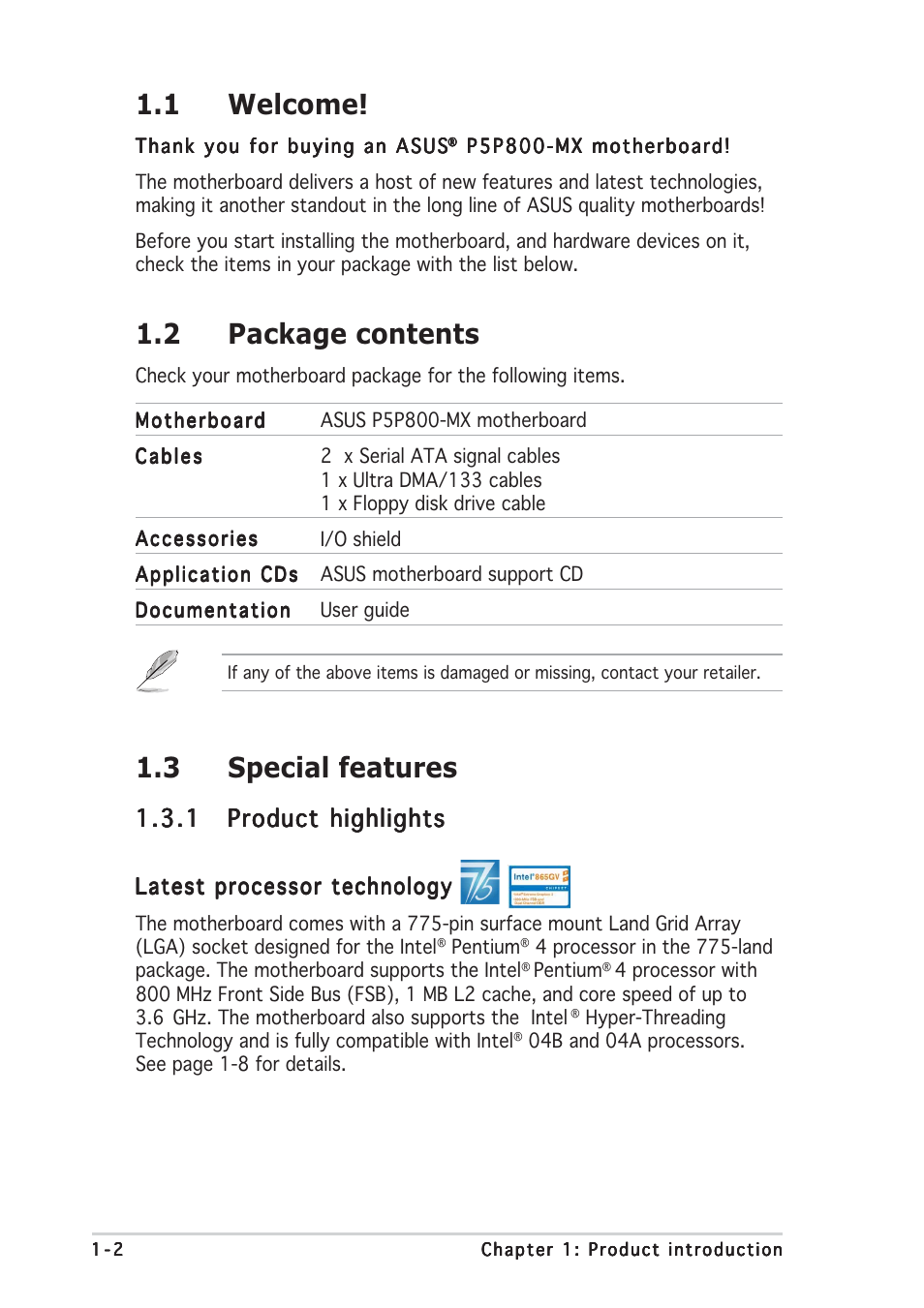 1 welcome, 2 package contents, 3 special features | Asus P5P800-MX User Manual | Page 14 / 84