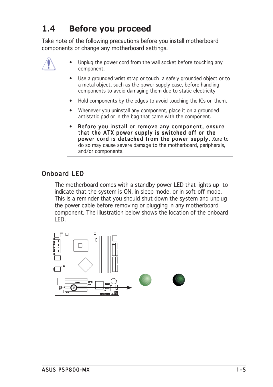 4 before you proceed, Onboard led | Asus P5P800-MX User Manual | Page 17 / 84