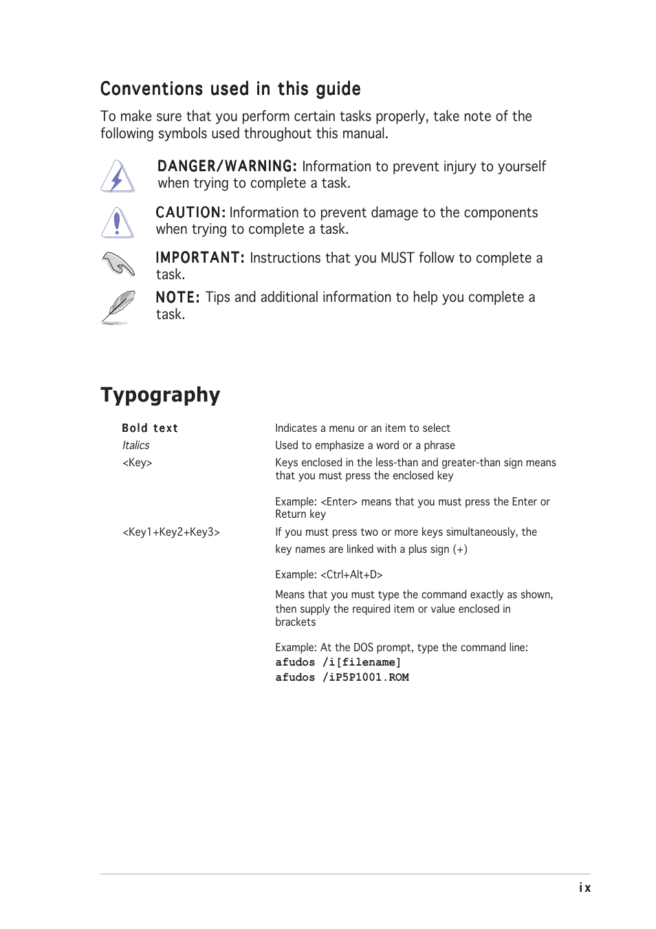 Typography, Conventions used in this guide | Asus P5P800-MX User Manual | Page 9 / 84