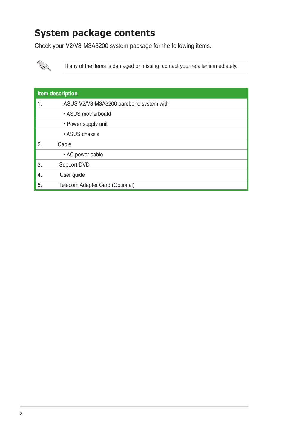 System package contents | Asus V3-M3A3200 User Manual | Page 10 / 114