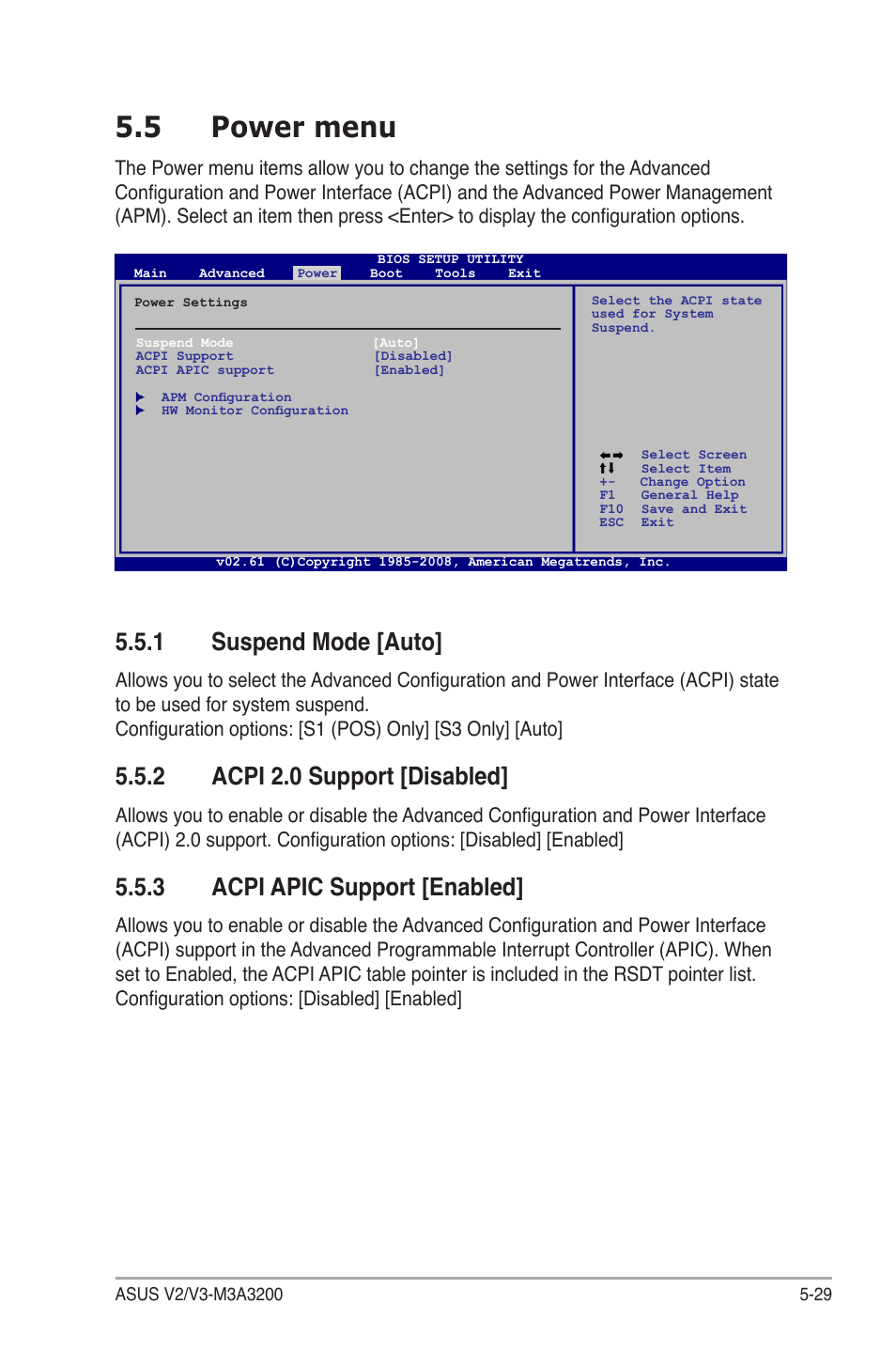 5�.5� power menu, 1 suspend mode [auto, 2 acpi 2.0 support [disabled | 3 acpi apic support [enabled | Asus V3-M3A3200 User Manual | Page 103 / 114