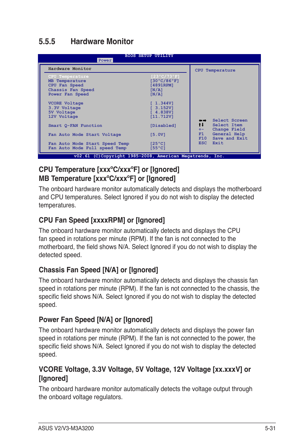 5 hardware monitor, Chassis fan speed [n/a] or [ignored, Power fan speed [n/a] or [ignored | Asus V3-M3A3200 User Manual | Page 105 / 114